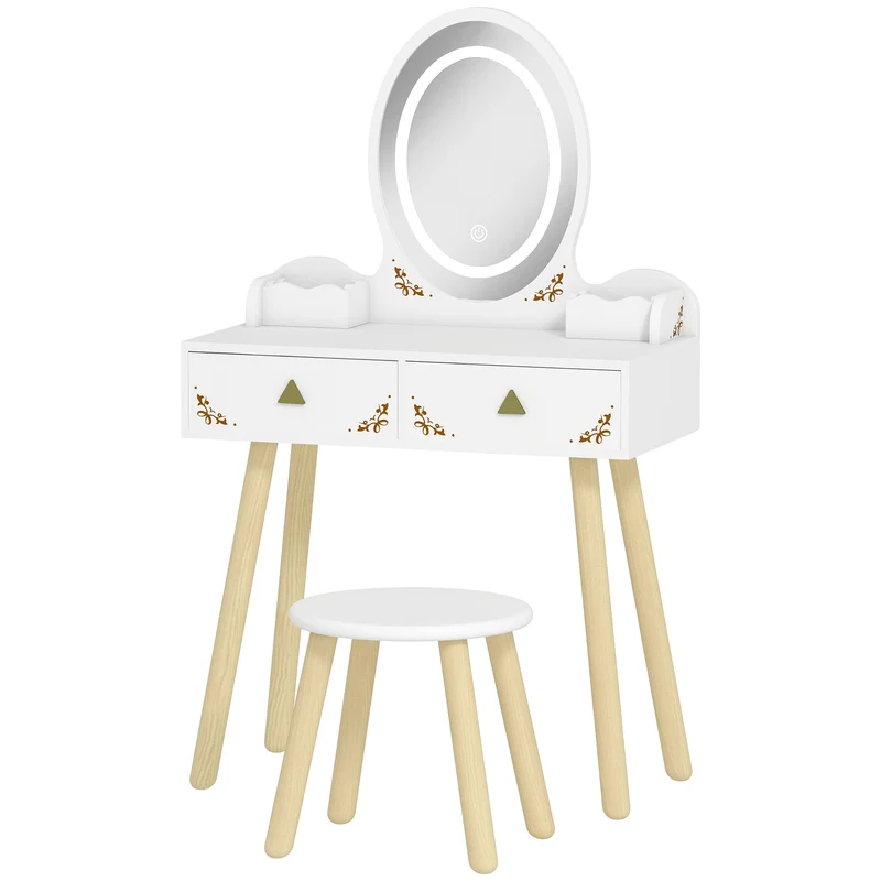 Coiffeuse enfant 2 en 1 bureau 60 x 30 x 99,3 cm miroir LED tactile 3 niveaux rangement siège scandinave en MDF blanc 21_0000271