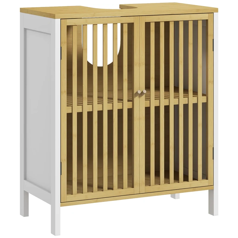 Meuble sous vasque salle de bain 60 x 30 x 70 cm rangement réglable et découpe siphon scandinave épuré en MDF blanc 21_0002012