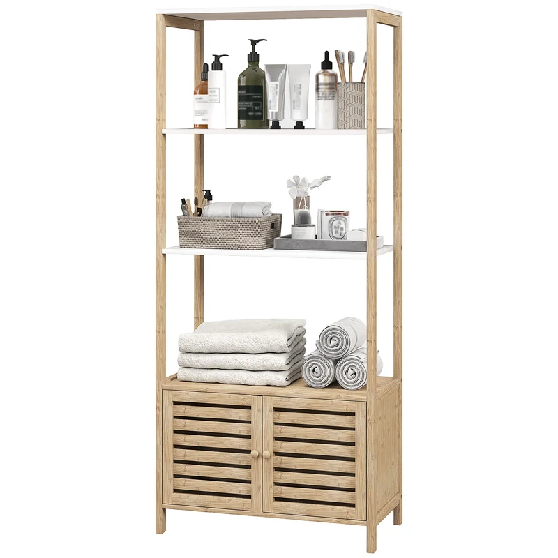 Colonne de salle de bain de rangement 63 x 30 x 138 cm gain de place avec placard style moderne épuré en bambou naturel 21_0002045