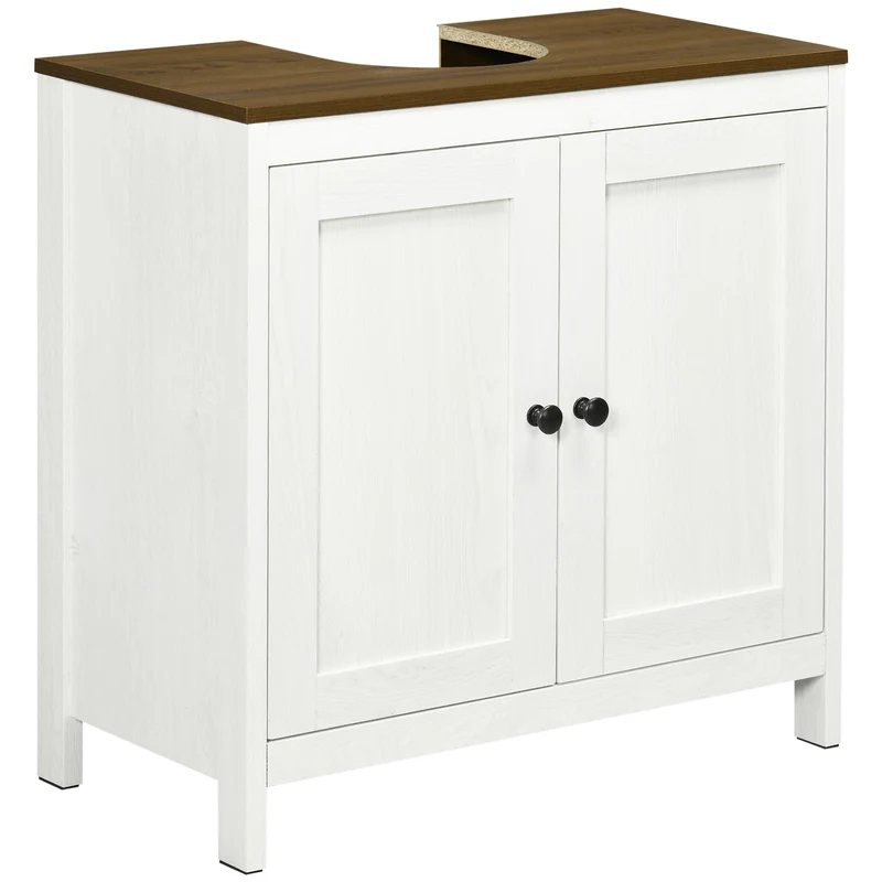 Meuble sous vasque 2 portes 60 x 30 x 60 cm avec étagère découpe siphon contemporain épuré en panneau de particules blanc 21_0001920