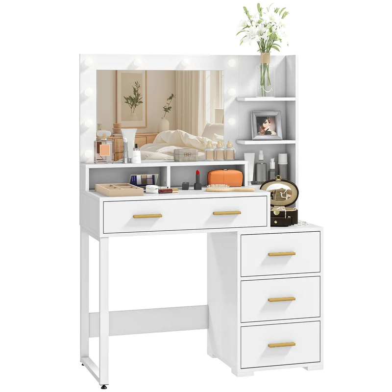 Coiffeuse miroir 9 led 100 x 40 x 138 cm plateau spacieux rangement 4 tiroirs 6 compartiments style moderne en MDF blanc 21_0001580