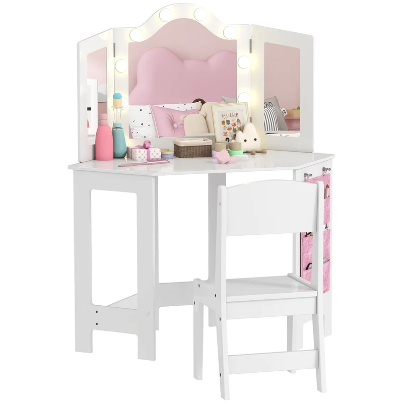 Coiffeuse enfant 2 en 1 maquillage 93.6 x 48.5 x 111.5 cm miroir 3 volets lumineux rangement scandinave en MDF blanc 21_0000269
