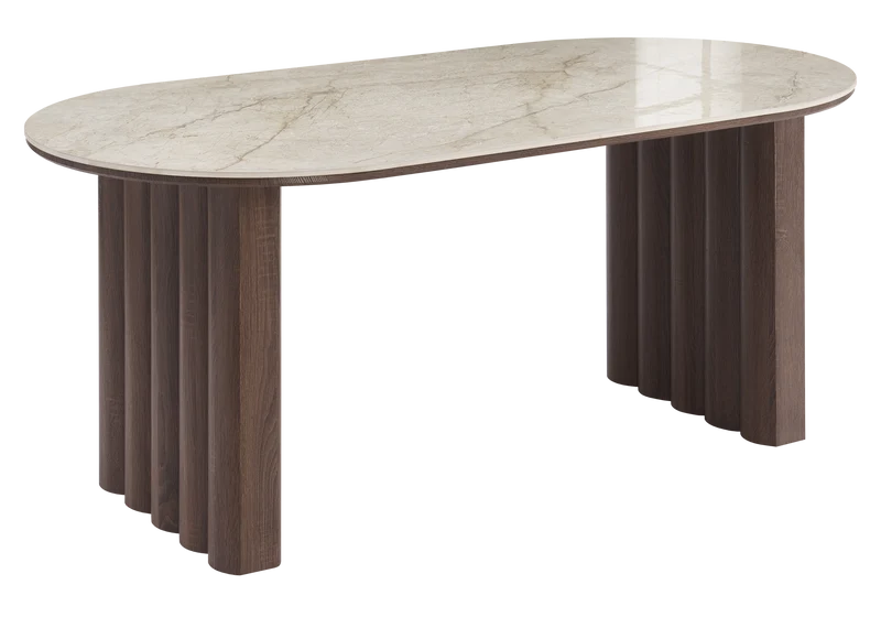 Table à manger ovale marbre et noyer cannelé - Sola