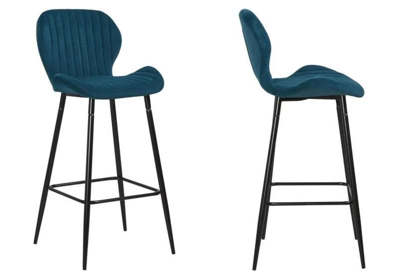 Chaise de bar velours bleu canard pieds noir - Mona x4
