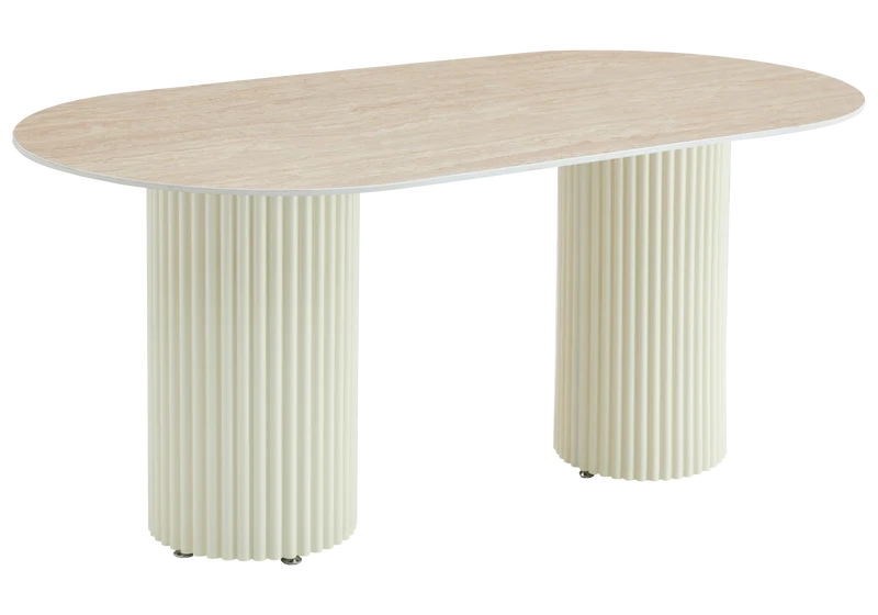 Table à manger ovale travertin brillant et pieds beige - Tivoli