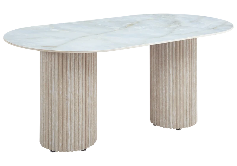 Table à manger ovale marbre onyx et pieds travertin - Tivoli