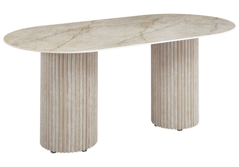 Table à manger ovale marbre brun et pieds travertin - Tivoli