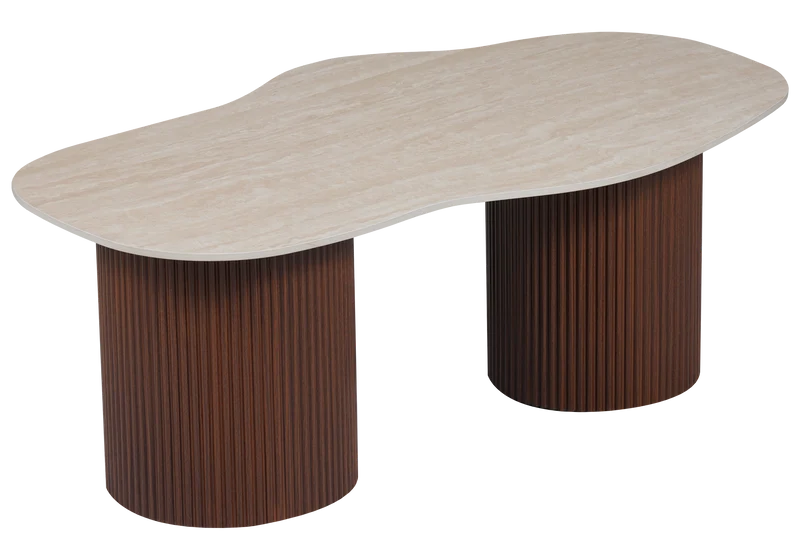 Table basse effet travertin organique et pieds noyer - Venza