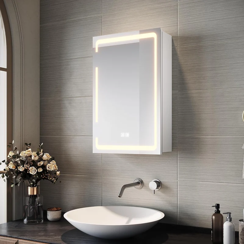 SIRHONA avec prise rasoir avec miroir à trois couleurs à gradation infinie et tampon de salle de bain murales 380 x 600x140mm