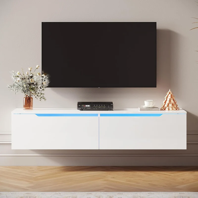 SIRHONA Meuble TV éclairage LED 16 couleurs réglables, plateau TV brillant