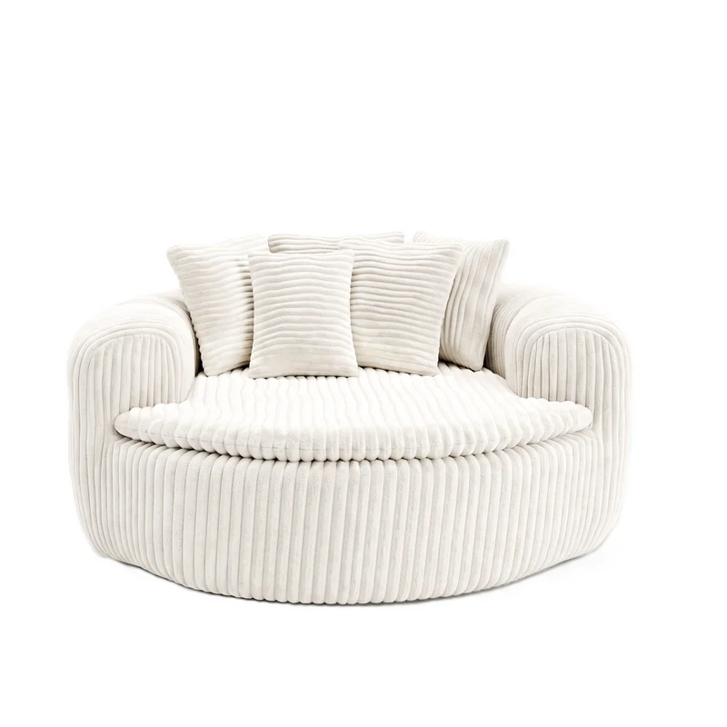 Fauteuil round lounge XXL en velours côtelé beige, 5 coussins 145x133cm RUSTICDESKSET