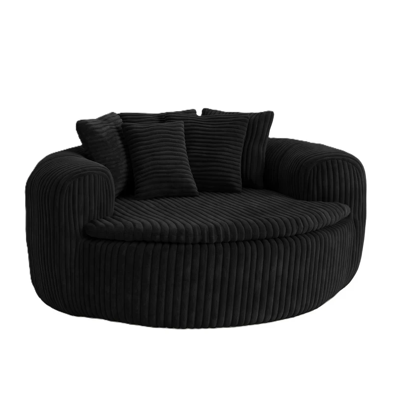 Fauteuil round lounge XXL en velours côtelé noir, 5 coussins 145x133cm RUSTICDIVIDERHOME