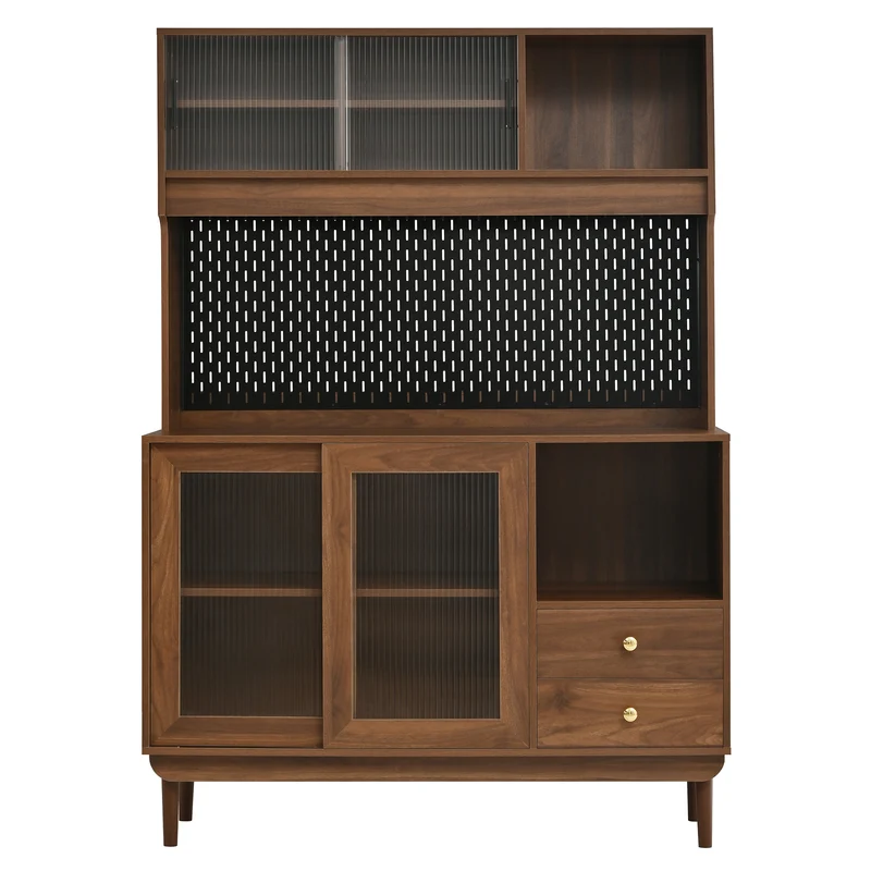 Vaisselier de cuisine effet noyer et noir avec portes vitrées 117x30x170cm RUSTICFRAMESET
