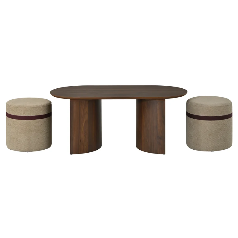 Ensemble de table basse ovale avec 2 poufs beige, effet noyer compact 108 cm RUSTICRUG