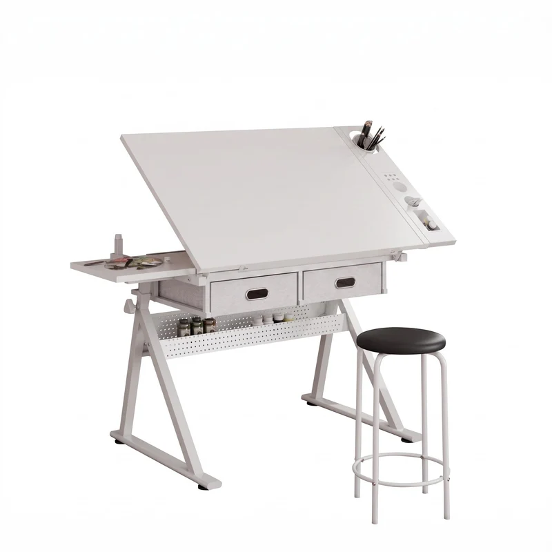 Table à dessin inclinable 98×60 cm avec 2 tiroirs, tabouret, blanche SHELFPLASTIC
