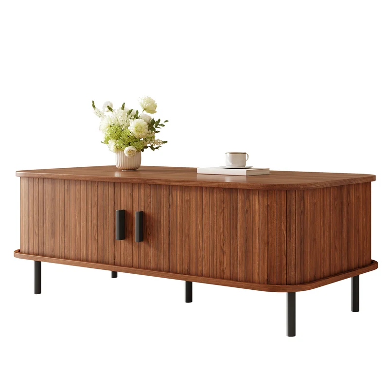 Table basse effet noyer avec portes coulissantes 120x55x45cm PILLOWPLUS