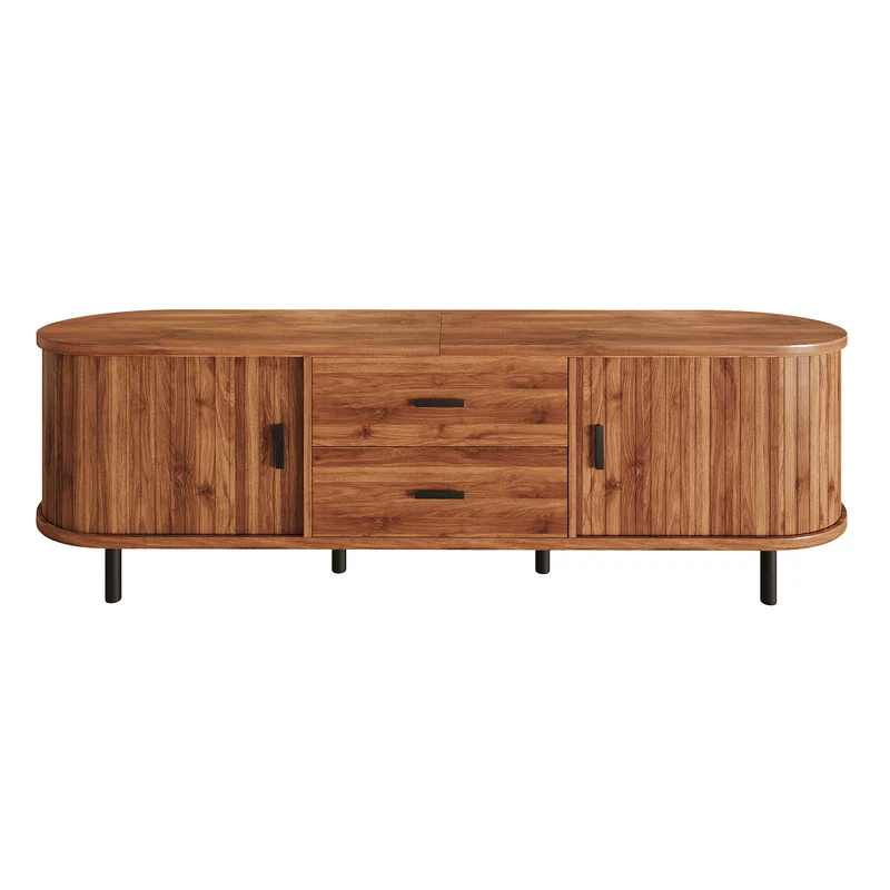 Meuble TV effet noyer avec portes coulissantes, 2 tiroirs et façade 3D 160x40x55cm PILLOWPRO