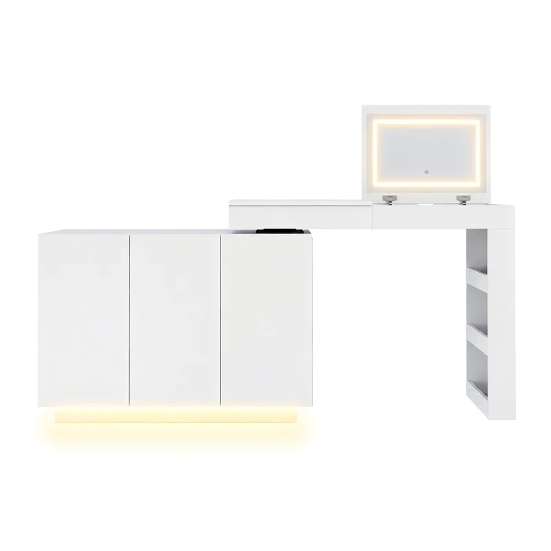 Coiffeuse blanche plateau pivotant avec miroir LED, rangement et bureau 100×40×80cm MULTIWOODMAX