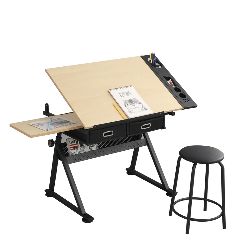 Table à dessin effet bois avec plateau inclinable avec tiroirs et tablette latérale et tabouret noir SHELFPLUS