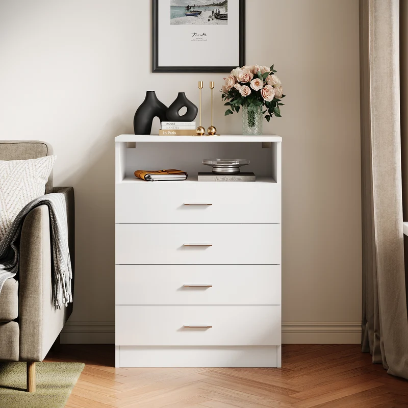 SIRHONA Commode Verticale LED 4 Tiroirs Blanche Brillante W 60 x D 40 x H 83 cm
