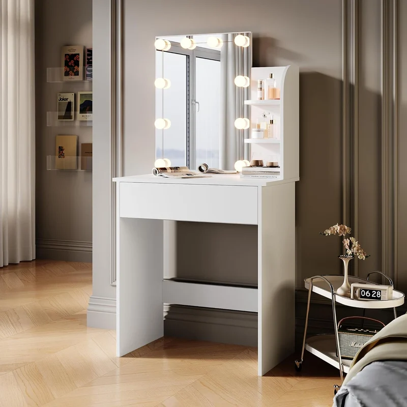 SIRHONA Coiffeuse avec Miroir, Table de maquillage avec 1 tiroir et 3 Compartiments Ouverts, Blanc + 10 Ampoules LED (3 couleurs)