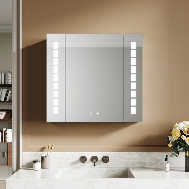 SIRHONA Armoire miroir 60 × 65 cm avec éclairage et prise de courant anti-buée LED avec écran tactile en aluminium