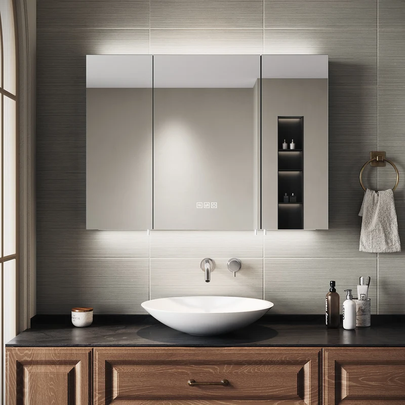 SIRHONA Armoire de Toilette Miroir, Armoire Murale avec Éclairage LED et Prises de Courant, 90 x 65 x 13cm