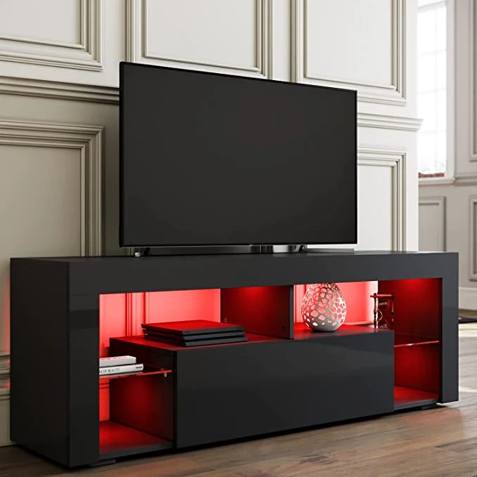 Meuble TV Bas, Lumière LED Réglable avec Télécommande, Grande Capacité, SIRHONA - Noir 140x35x50.5cm