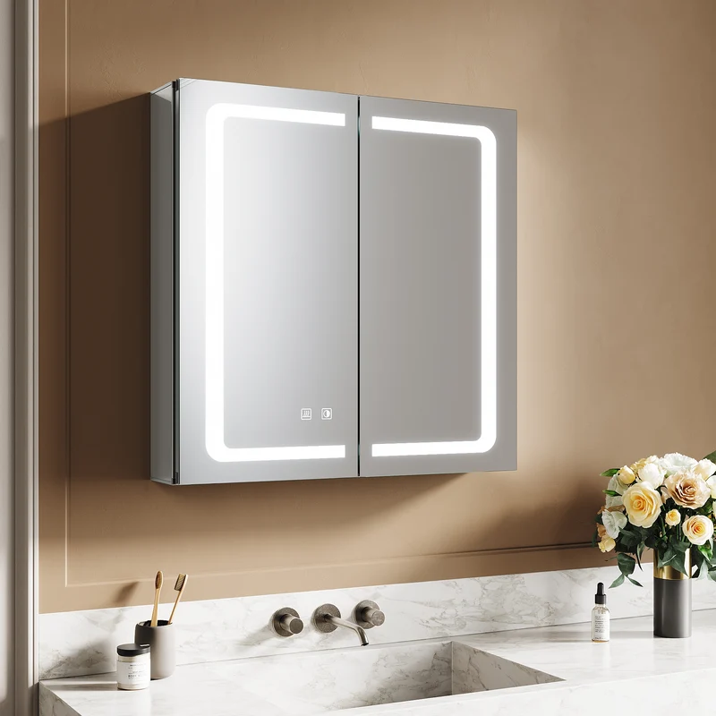 SIRHONA armoire de toilette aluminium LED avec éclairage avec prise tactile anti-buée armoire de toilette miroir de salle de bain 65x65x13.3cm