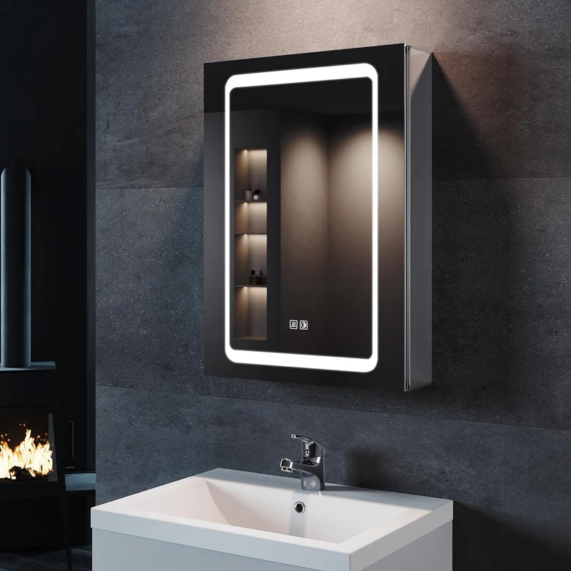 SIRHONA Armoire de salle de bain LED avec éclairage 50 × 70 cm En aluminium anti-buée Charnière sans fil Avec miroir et prise IP44 Waterciht