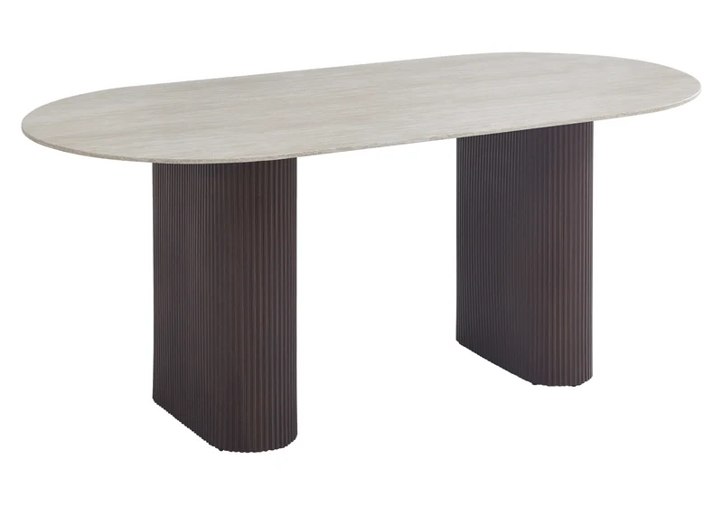 Table à manger ovale effet travertin pieds noyer - Serena