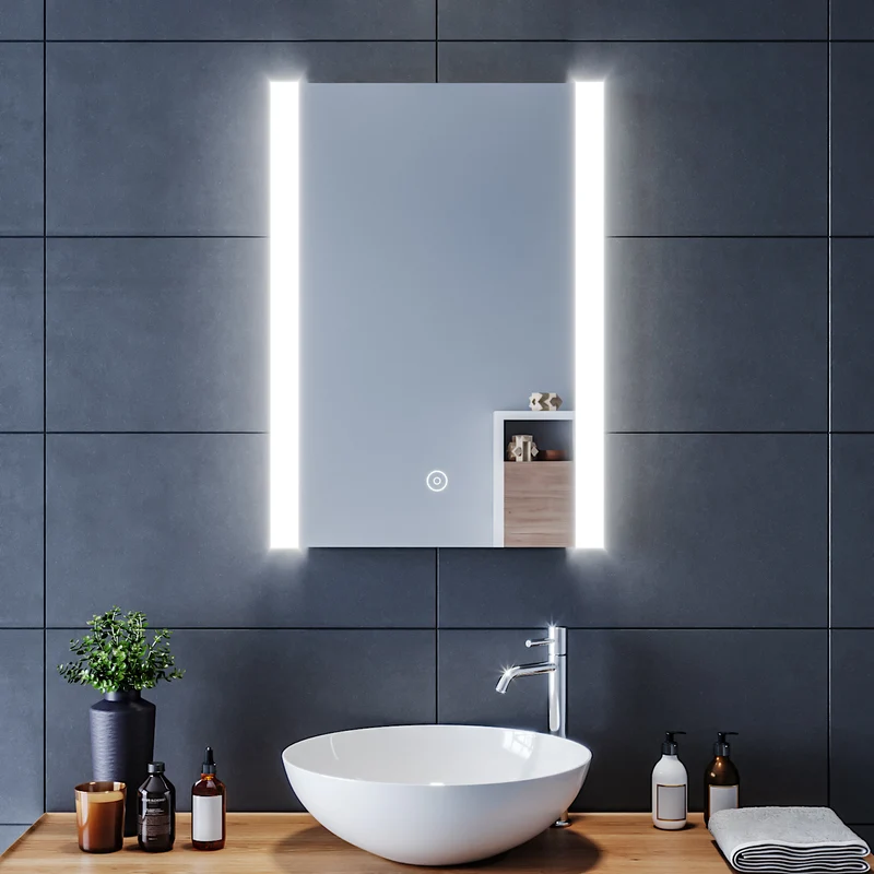 SIRHONA Miroir de salle de bain led rectangle Commutateur Anti-buée éclairage intégré blanc froid Bandes lumineuses des deux côtés 60x80 cm