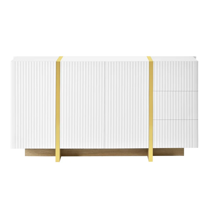 Buffet blanc à 3 portes 3 tiroirs rainurés et détails dorés PILLOWLIGHT