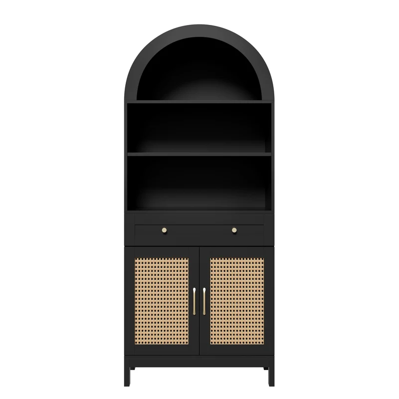 Vaisselier de cuisine noir design arche et portes en cannage rotin 70×40×170cm MULTISTEELPRIME