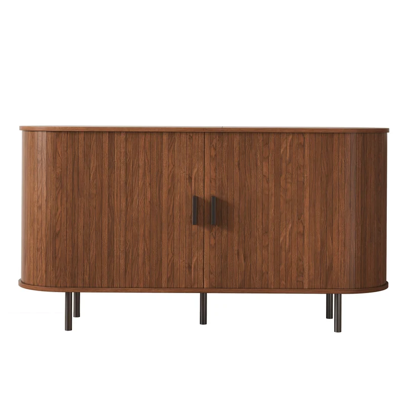 Buffet noyer style vintage 2 portes coulissantes, cannage rainuré 140cm PILLOWMAX