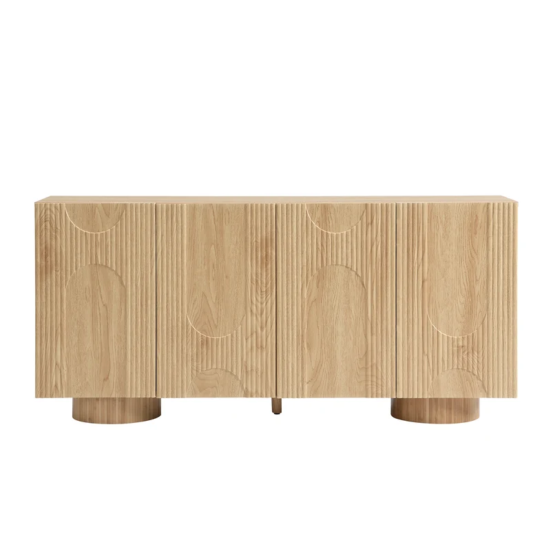 Buffet effet bois naturel motif arche en 3D et 4 portes 160x38x76cm PILLOWWHITE