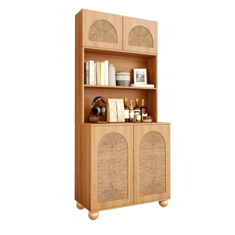 Vaisselier de cuisine effet bois naturel avec portes cannage 80×40×180cm PANELMAX