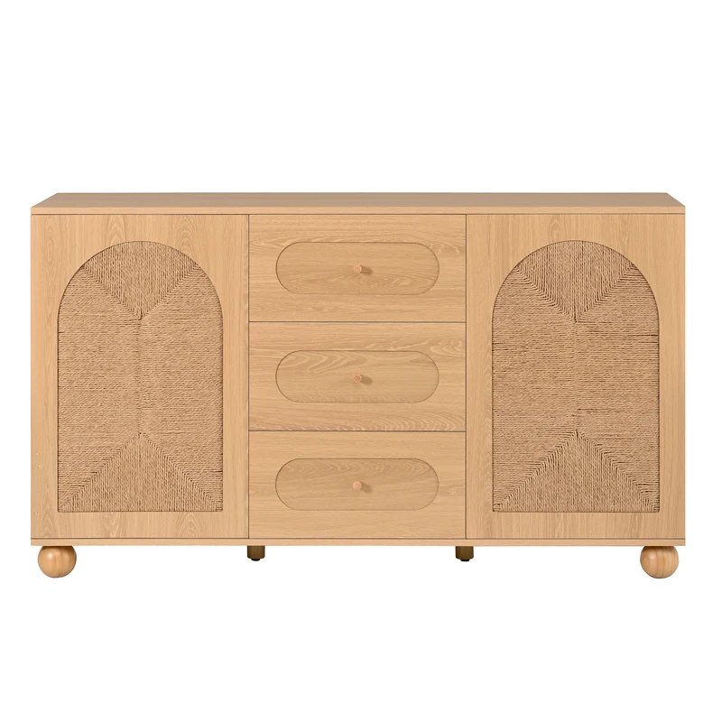 Buffet effet bois naturel avec 2 portes en cannage et 3 tiroirs 140x40x80cm PILLOWWALNUT