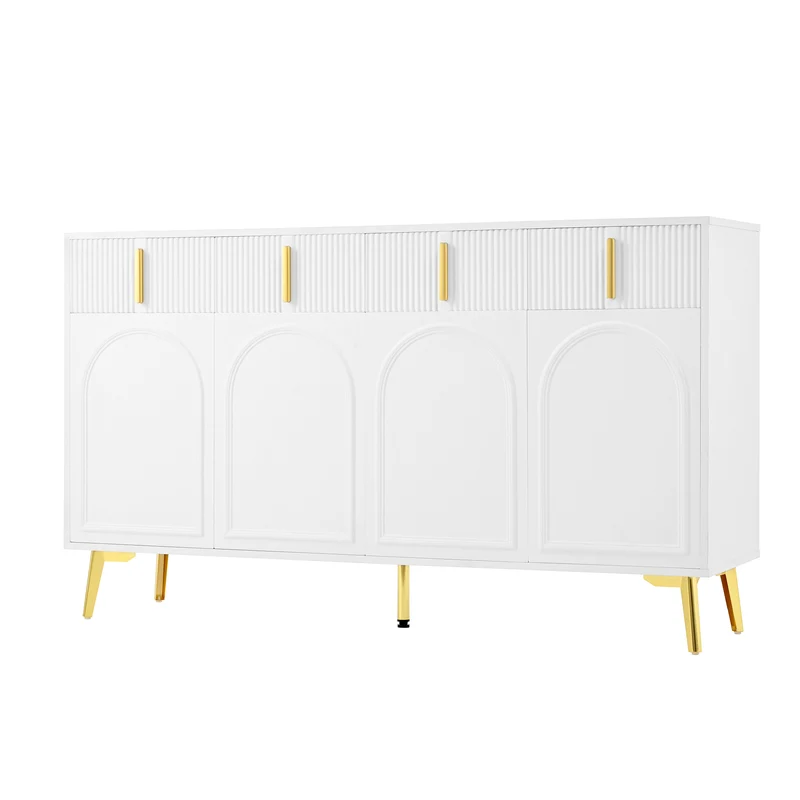 Buffet blanc design flûté 4 portes et 4 tiroirs avec pieds dorés, 140cm PLANTPRO