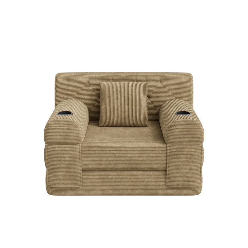 Fauteuil convertible lit 1 place en velours côtelé kaki et porte-gobelets PINECONTAINER