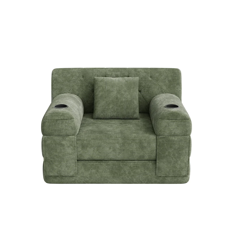 Fauteuil convertible lit 1 place en velours côtelé vert et porte-gobelets PINECLOCK