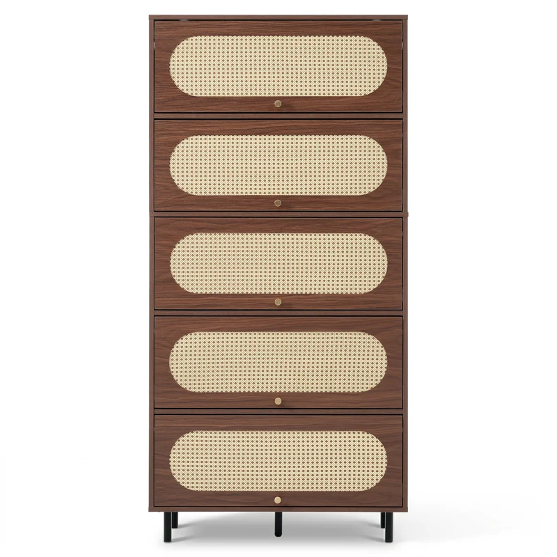 Buffet haut effet noyer et rotin 5 portes abattantes 80x40x163cm MODERNRACKHOME