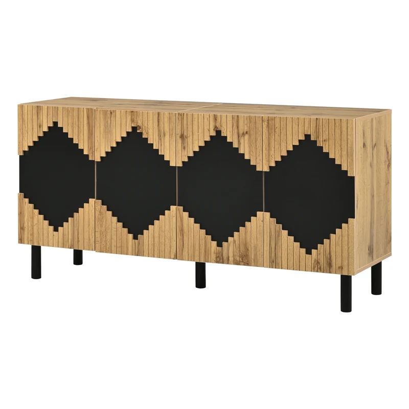 Buffet effet bois et noir motif losange 4 portes 140x40x70cm MODERNCEILINGHOME