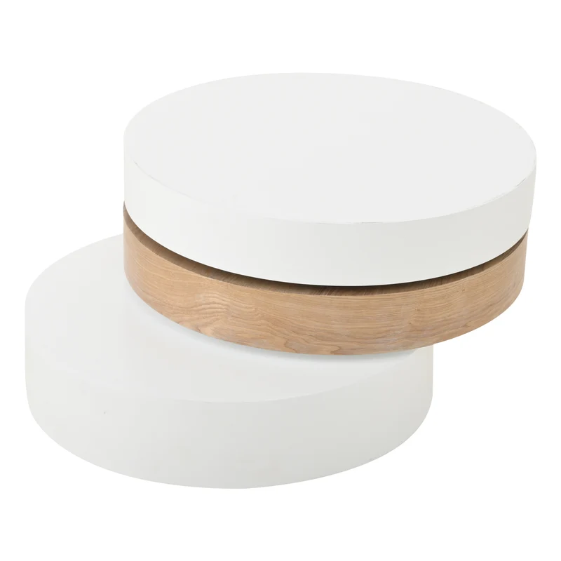 Table basse cylindrique plateau rotatif 360°, blanc & effet bois, 3 niveaux, rangement caché 60x60x35cm MODERNCHAIRART