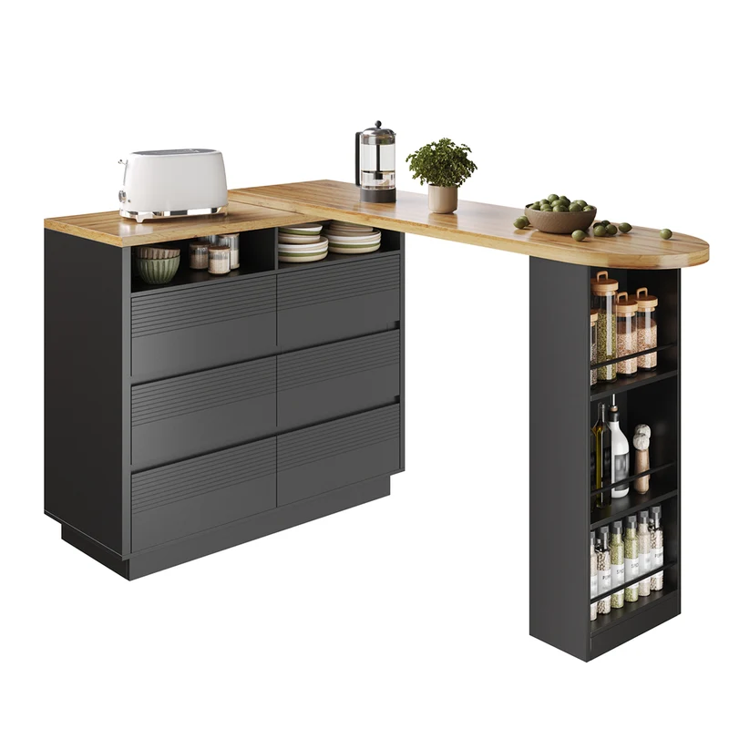 Table de bar extensible noire effet bois, îlot cuisine avec 6 tiroirs et roulettes MODERNSTOOL