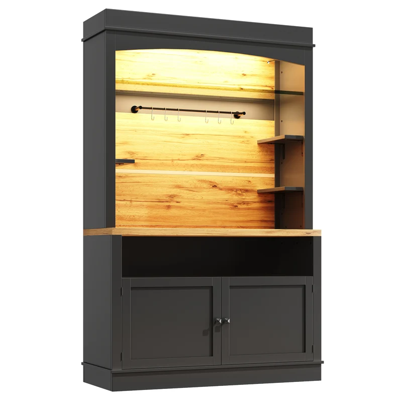 Vaisselier de cuisine noir étagères ouvertes avec vitrine et LED 107x43x184cm MODERNCREDENZA