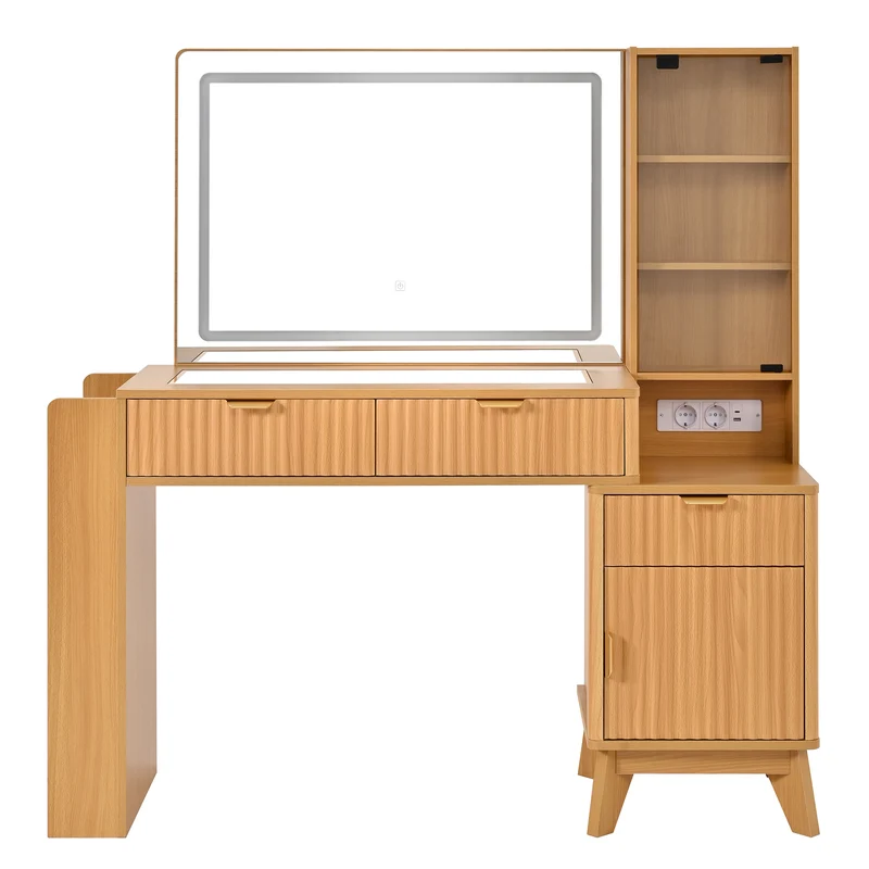 Coiffeuse effet bois naturel avec miroir LED, prises USB/Type-C, rangement moderne 133x136x40cm MODERNMAX