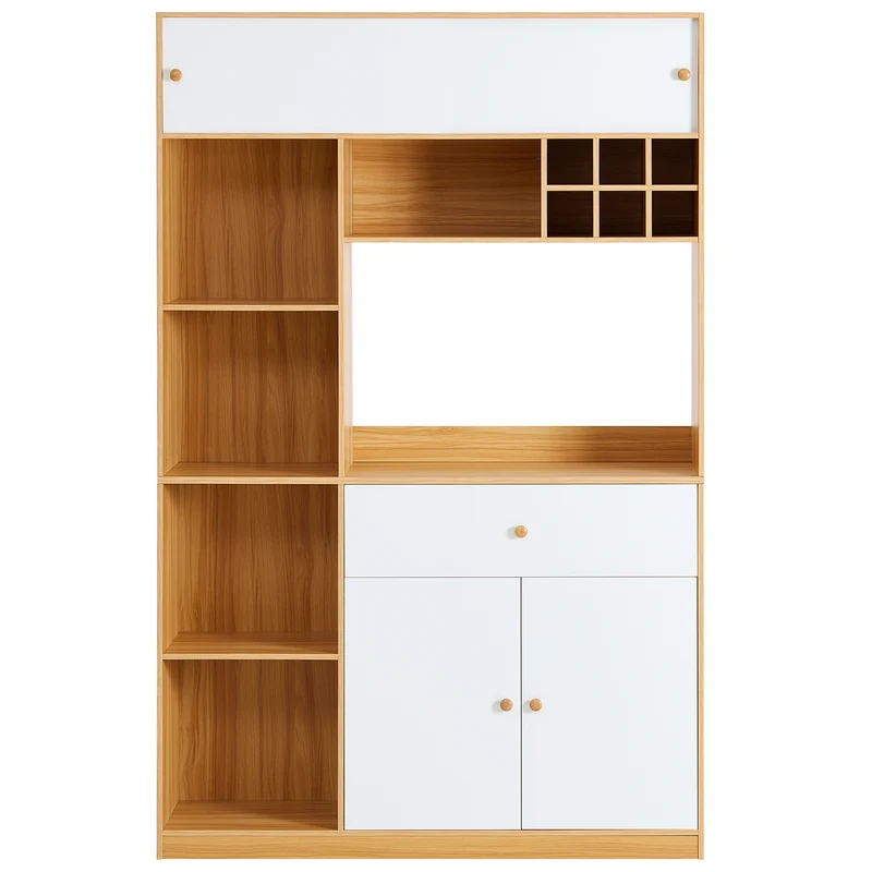 Buffet vaisselier de cuisine blanc effet bois avec éclairage LED 115x35x180cm ANNULUS