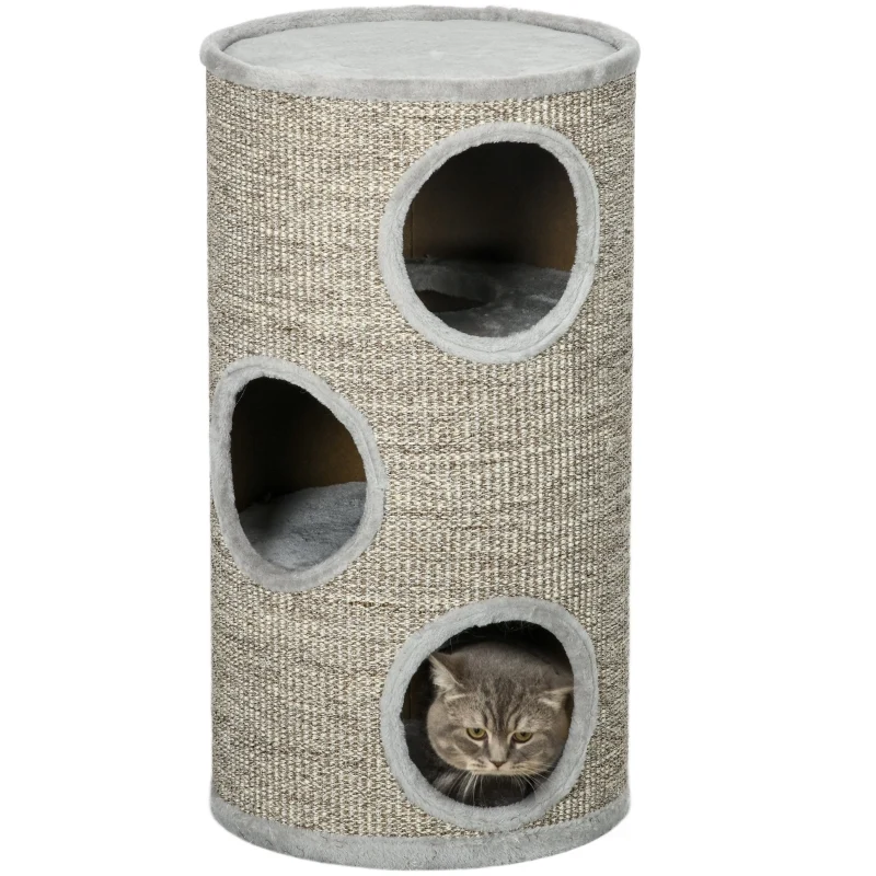 Subelementary Arbre à chat 3 niveaux 38x38x70cm gris clair – Griffoir sisal, robuste et confortable