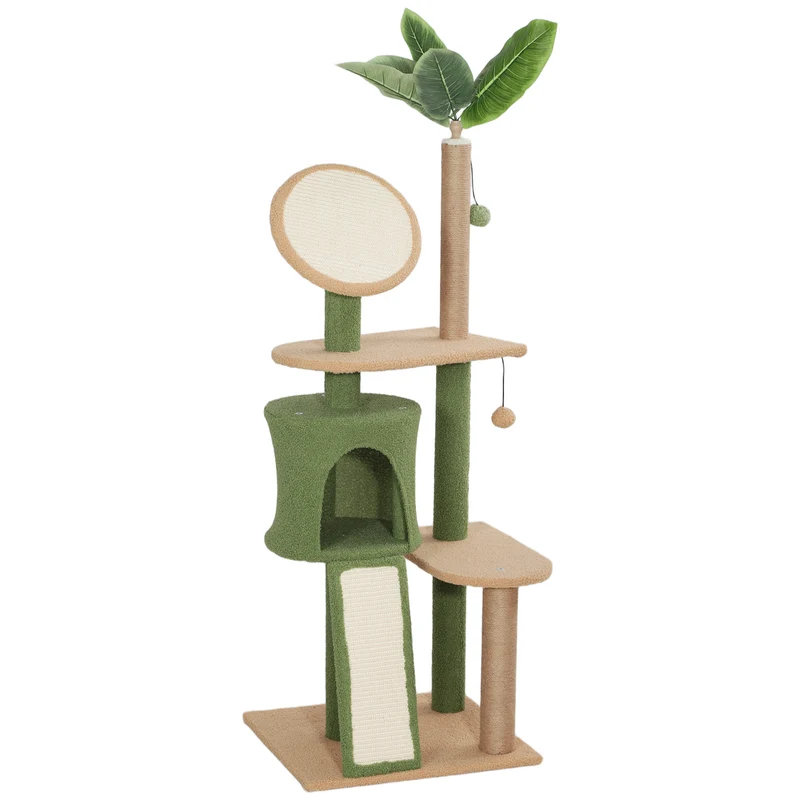 Mouching Arbre à chat 139 cm vert avec maisonnette, griffoirs sisal, pour chats jusqu'à 5 kg